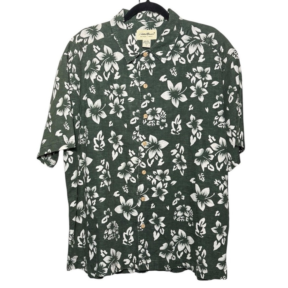 Eddie Bauer Linen Blend Short Sleeve Hawaiian Shirt Green Size L Resort Vacation